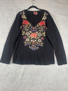 Johnny Was Long Sleeve Waffle Knit Thermal Cotton Black Top Size XL